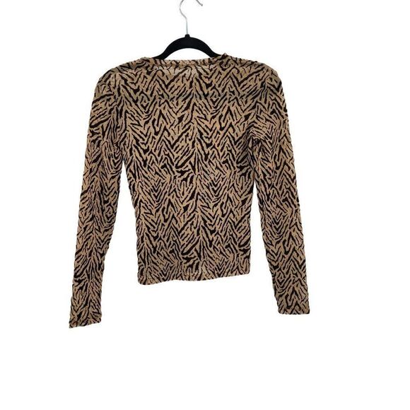 Zara Top S Brown Animal Sheer Mesh‎ Velour Burnout Long Sleeve Pull Over Blouse - Picture 5 of 10